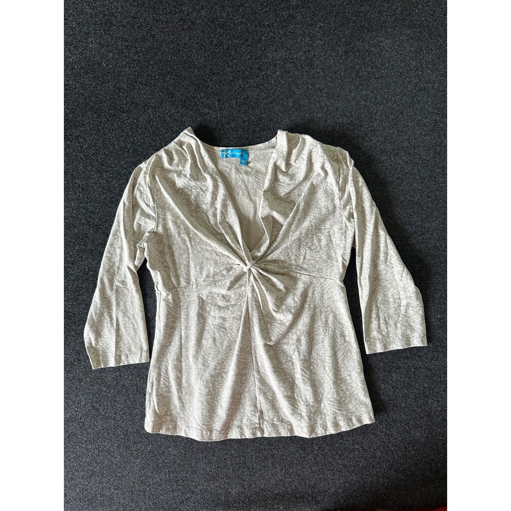 Fresh Produce Womens Beige Paisley Twist Front 3/4 Sleeve V-Neck Top Small USA